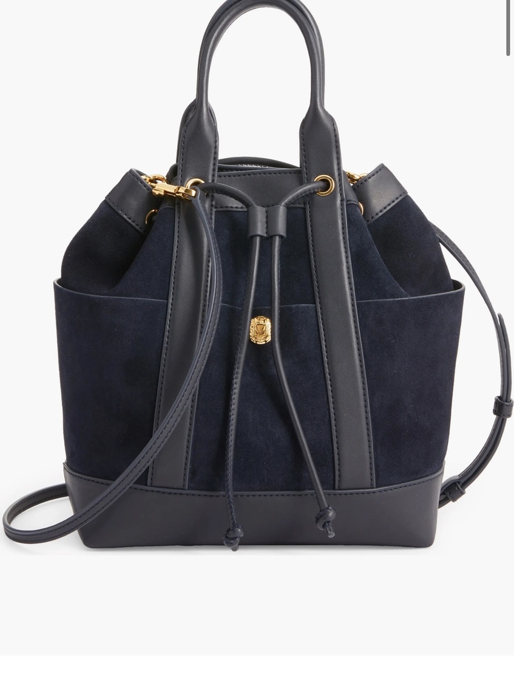Veronica Beard Navy Blue Suede & Leather Goody Drawstring Bucket Bag